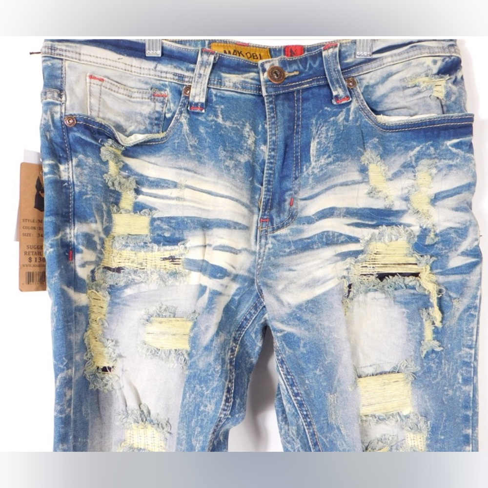 NWT MAKOBI M1928 ALL OVER SHREDDED JEANS COLOR DIRT WASH 34/32